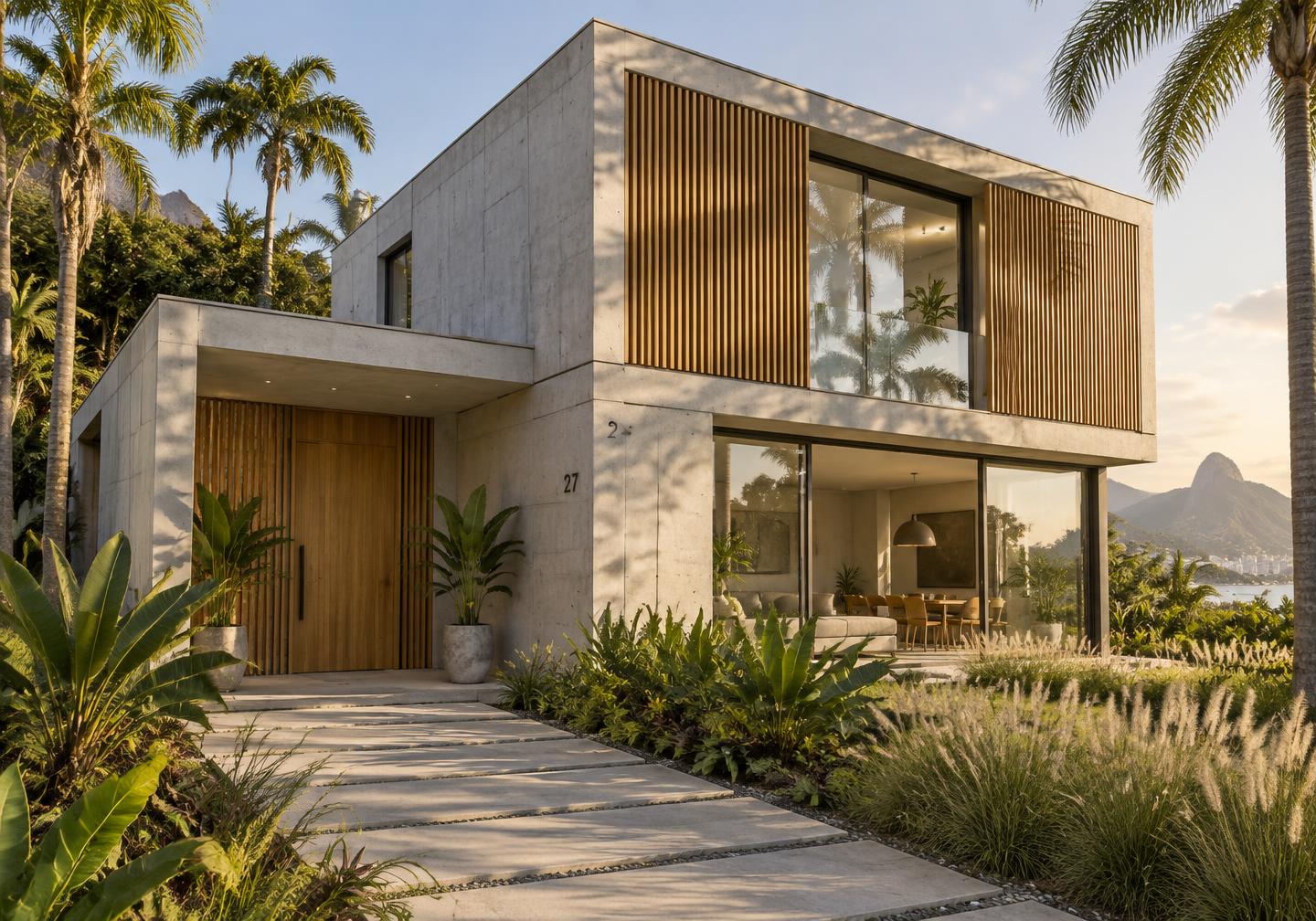 Casa pré-moldada contemporânea com concreto, madeira e jardim tropical